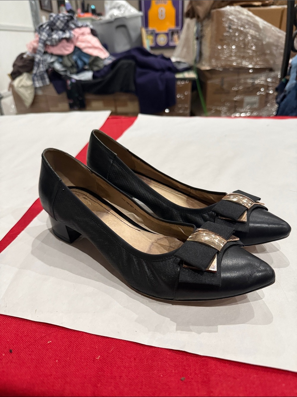 Black Bow-Trim Low Heel Pumps with Gold Accent
